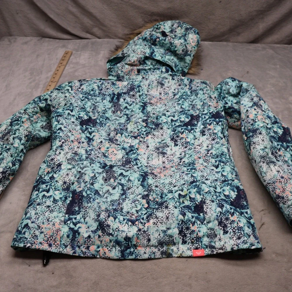 Roxy Jacket Womens XL Blue Floral Faux Fur Hood DryFlight Waterproof Full Zip